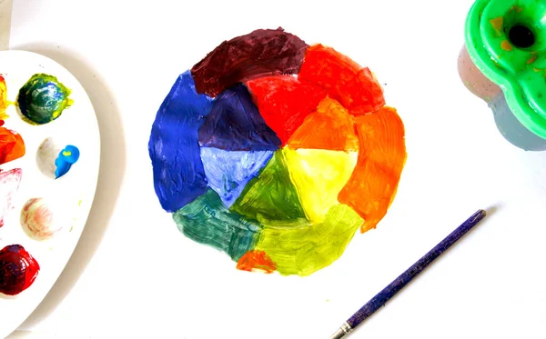 Colored circle drawn by hand of childs draws on white paper.