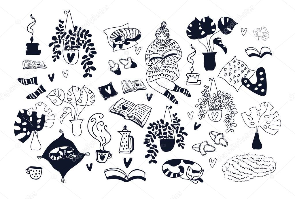 Vector set of hand-drawn doodle cozy home reading books outline.