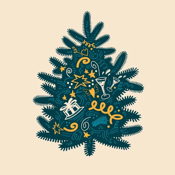圣诞涂鸦树设计元素，带有扁平的新年标志. — 图库矢量图片
