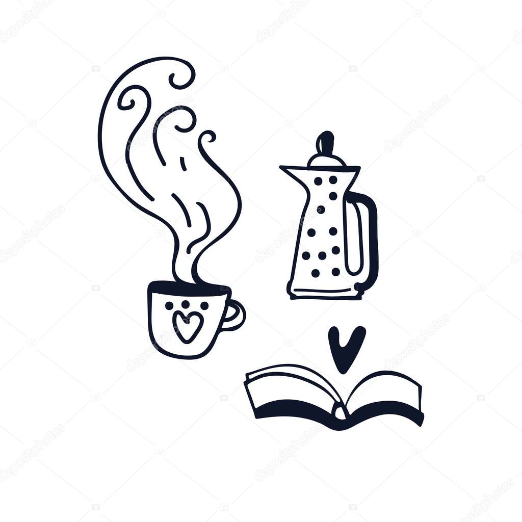 Funny cozy reading with cup of hot tea with teapot Items drawn by hand.