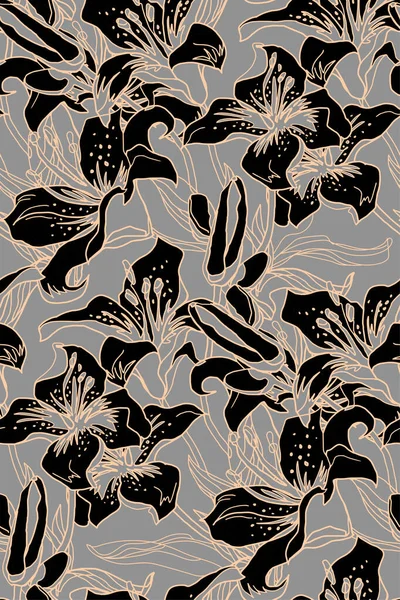 Schwarze Blüten Lilie. Floral verzierte nahtlose Muster mit Blüten, Knospen und Blättern. — Stockvektor