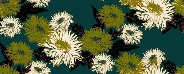 満開の菊のシルエットの花とトレンディなシームレスパターン. — ストックベクタ