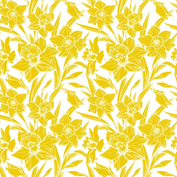 花的无缝图案，白色水仙花的特写黄色轮廓. — 图库矢量图片