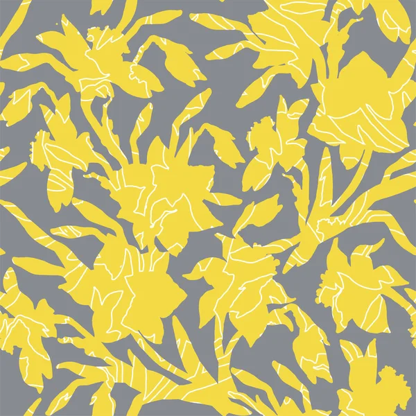 Siluetas de flores iluminadoras amarillas de narcisos sobre fondo gris final. — Archivo Imágenes Vectoriales