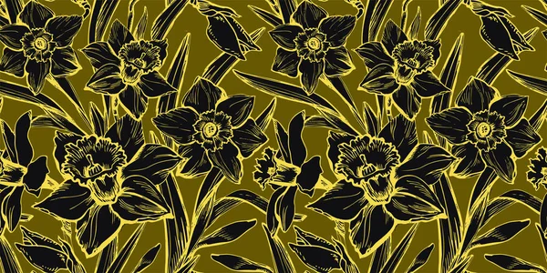 Flores de narcisos con contorno amarillo iluminador en gris caqui. — Archivo Imágenes Vectoriales