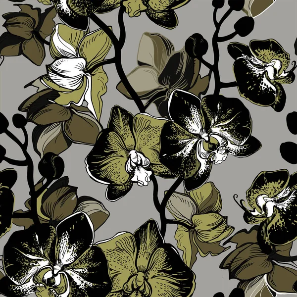 Μαύρη ορχιδέα λουλούδια χέρι σχεδιάζεται closeup σε απόλυτο γκρι φόντο . — Διανυσματικό Αρχείο