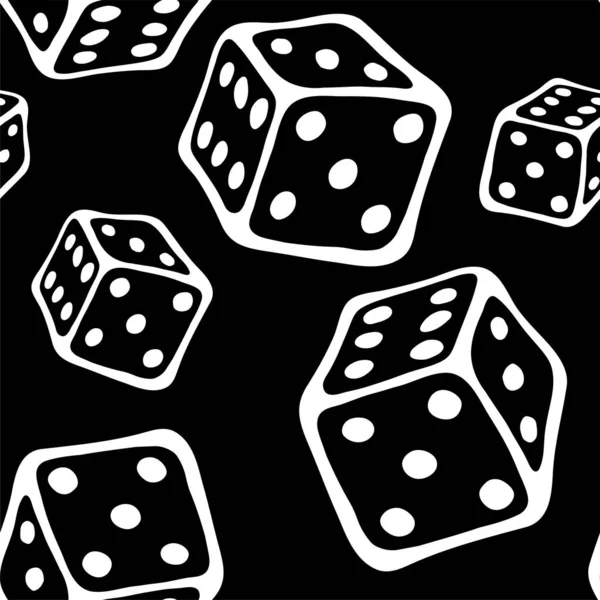 Funny doodle seamless pattern with white outline dice on black. — Stock Vector