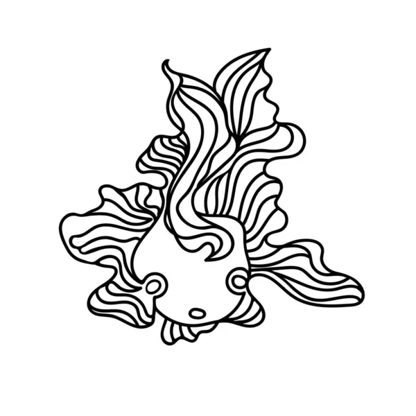 Lindo pez garabato con aletas onduladas dibujadas a mano en el contorno negro vector. — Vector de stock