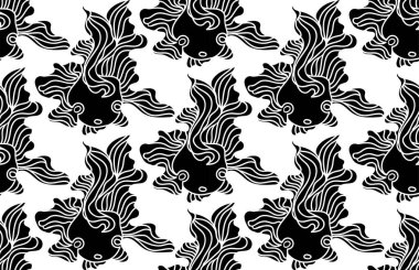 Karalama Japon balığı ve dalgalı yüzgeçli siyah ve beyaz vektör deseni.