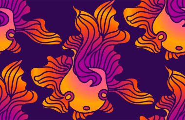 Karalama gradyan Japon balığı ve dalgalı yüzgeçli renksiz vektör deseni.