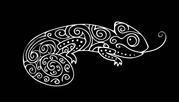 Caméléon Doodle Vector Dessiné à la Main Noir et Blanc Isolé om noir. — Image vectorielle