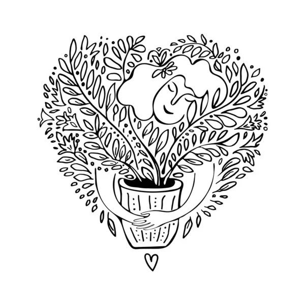 Contour noir doodle femme étreignant les plantes d'intérieur préférées en pot de fleurs — Image vectorielle