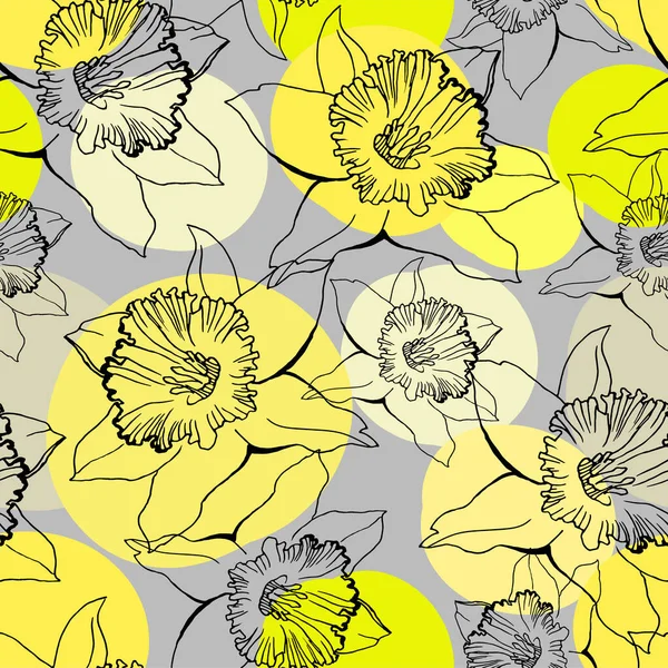 Trendige Farben nahtloses Muster mit schwarzen umlaufenden Blumen mit Kreisen auf dem Hintergrund. — Stockvektor