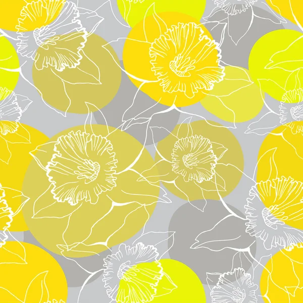 Περίγραμμα λουλούδια Daffodils σε κίτρινο φωτίζοντας και απόλυτο γκρι. — Διανυσματικό Αρχείο