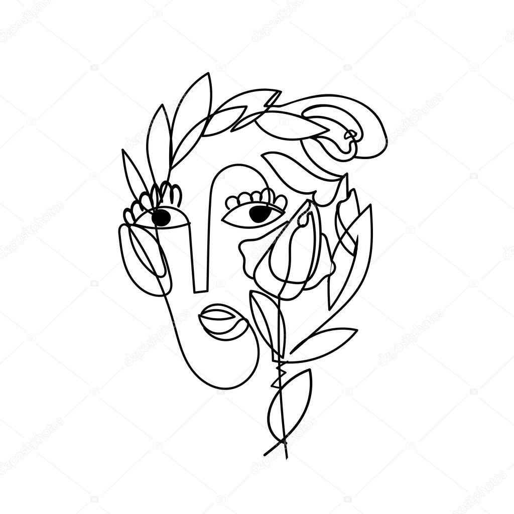 One line Surreal Face Black Outline as Symbol Spring or Women Love to Plants.. 