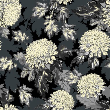 Beyaz kasımpatı çiçekleri, yapraklar, eski tonlarda elle çizilmiş saplar..