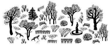 Park kışı ağaçlarının, bankların, çalıların, kafeslerin siyah siluetleri..