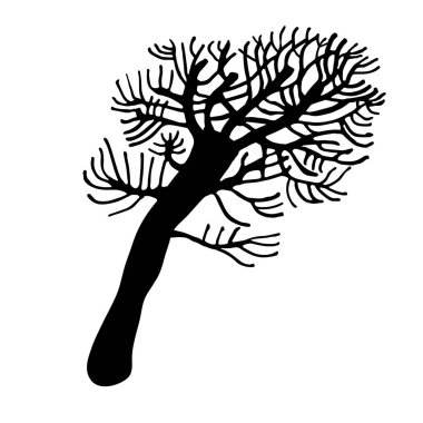 Biçimlendirilmiş ağacın siyah vektör silueti serbest çizim biçiminde yapraksız.