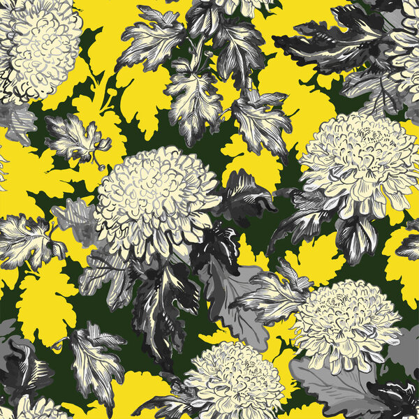 Blow-up Chrysanthemum flowers drawn by hand in trendy color of the year.