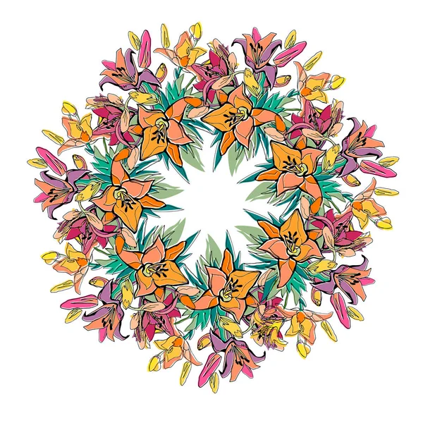 Ozdobné květinové věnec s ručně kreslené barevné zdobené lilie květiny. — Stockový vektor