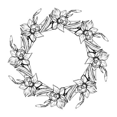 Kabartma çiçekli yuvarlak çelenk narsisleri elleriyle çiziyor.. 