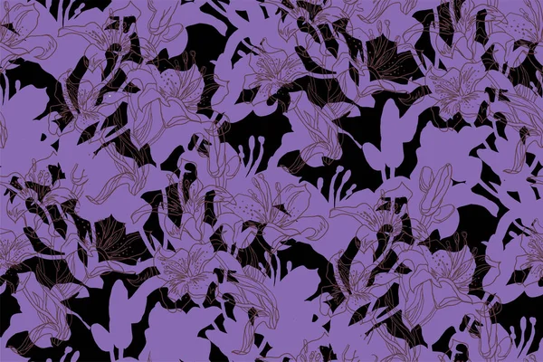 Mystiek violet naadloos patroon met silhouetten bloemen met de hand getekend.. — Stockvector