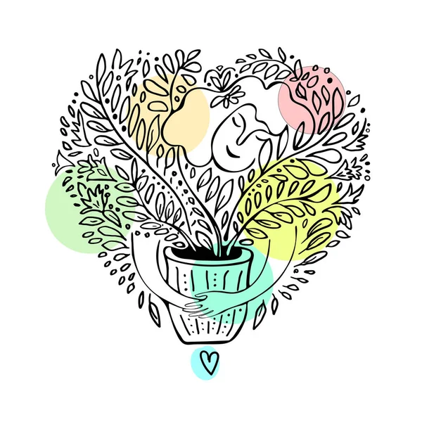 Contour noir doodle de femme étreignant plantes d'intérieur préférées avec feuillage. — Image vectorielle