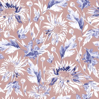 Kasımpatı çiçekleri siluetleriyle açık sulu boya deseni.