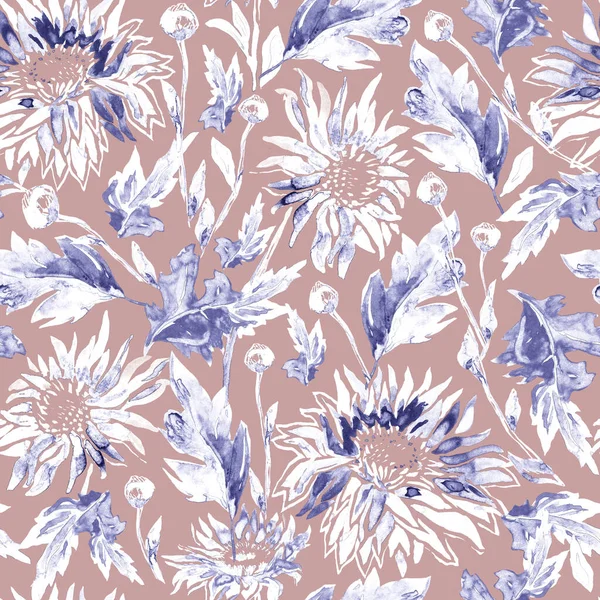 Light watercolor seamless pattern with silhouettes of Chrysanthemum Flowers.