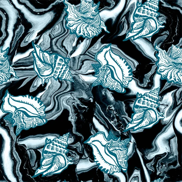 貝殻や波とコントラストのあるモノクロームの海のシームレスなパターン｜Fluid Art. — ストック写真