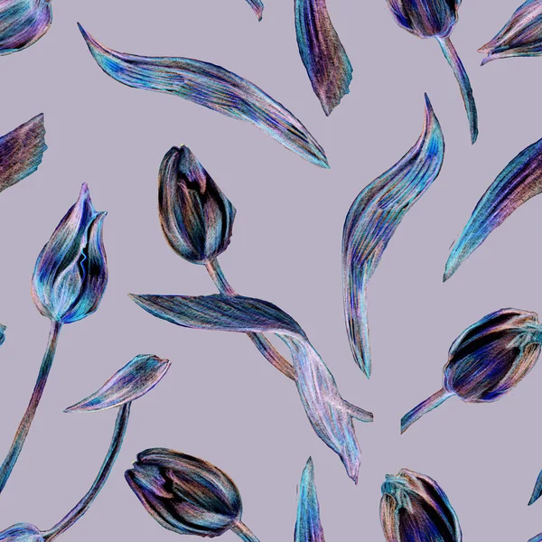 Μινιμαλιστικό μοτίβο χωρίς ραφή με λουλούδια τουλίπας ζωγραφισμένα με χρωματιστά μολύβια στο χέρι. — Φωτογραφία Αρχείου