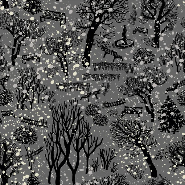 单色冬季雪景，背景为黑色，光秃秃的树木. — 图库矢量图片