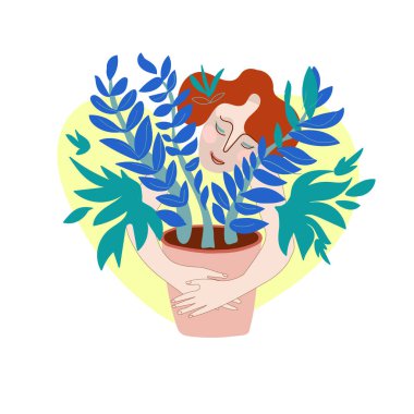 Çiçek saksısında en sevdiği bitkileri kucaklayan kadın düz bir şekilde çiziyor.. 