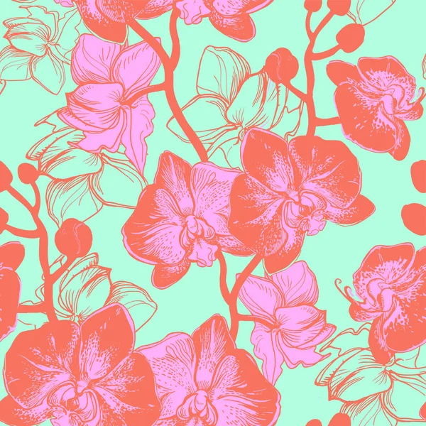 Frais printemps été motif sans couture avec des fleurs d'orchidées dessinées à la main. — Image vectorielle