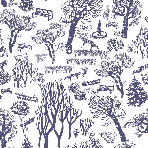 White winter snowy park scenery with trees, benches seamless pattern.