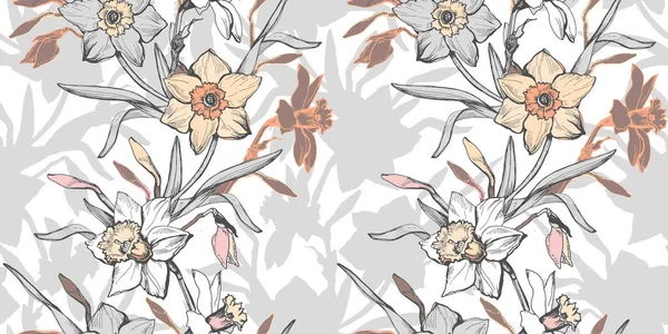 Botanische naadloze vector patroon met de hand getrokken bloemen narcissen op wit. — Stockvector