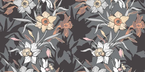 Γκρι χωρίς ραφές μοτίβο με ζωγραφισμένα στο χέρι λουλούδια ασφόδελοι, νάρκισσος. — Διανυσματικό Αρχείο