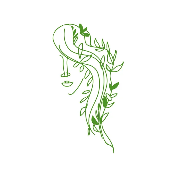 En rad skissera klotter symbol för kvinna ansikte med blad i håret. — Stock vektor