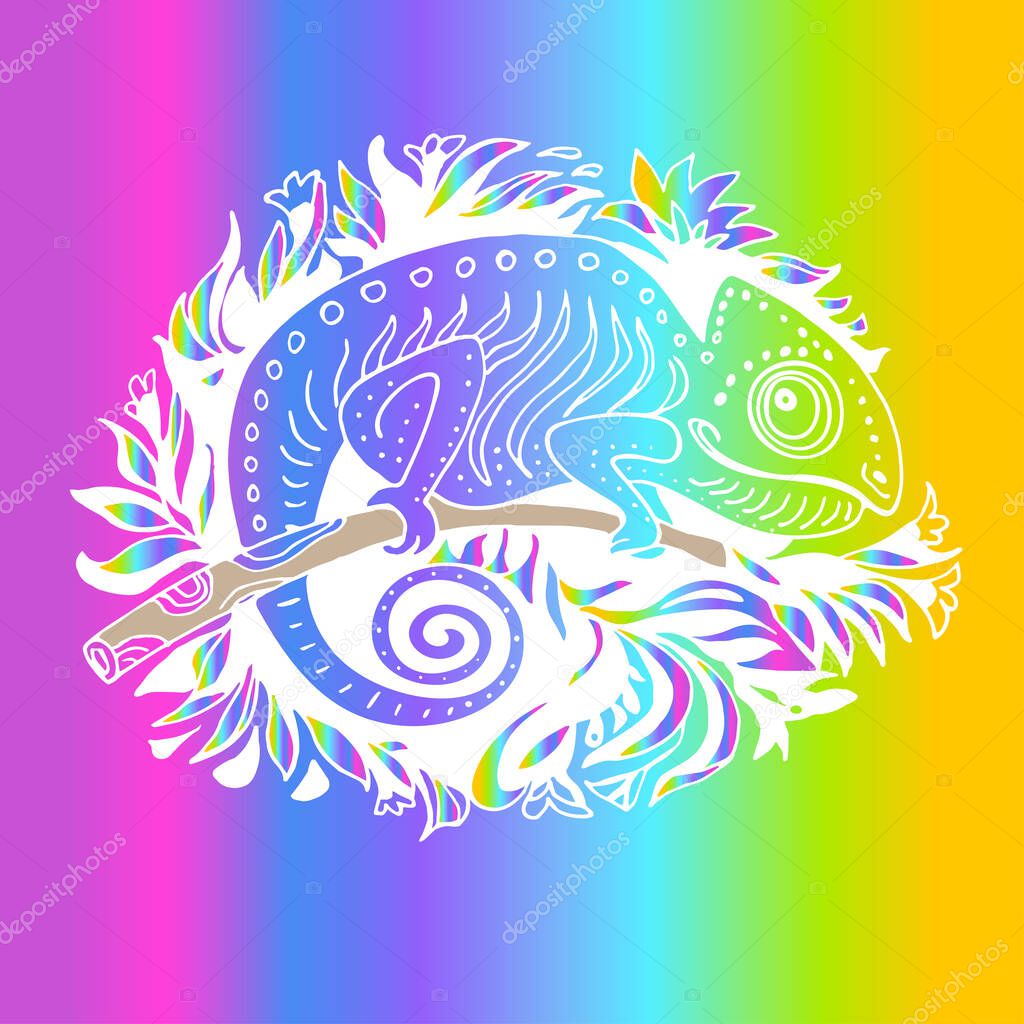  Hand Drawn Chameleon in Doodle Style Isolated on Rainbow Background. 