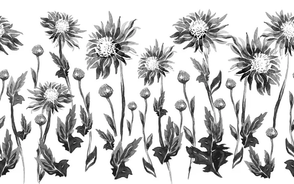Inchiostro nero Fiori, foglie, steli e boccioli di crisantemo in un bordo infinito monocromatico. — Foto Stock