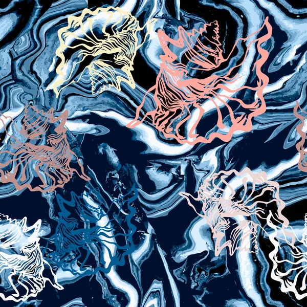 Психоделический триумфальный узор с Fluid Art и seashell в синих тонах. — стоковый вектор