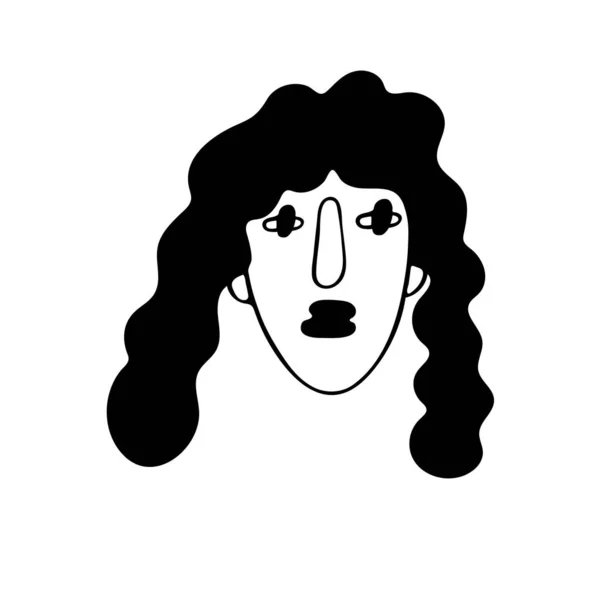 Retrato de mulheres jovens, menina com cabelo preto encaracolado longo no estilo doodle. —  Vetores de Stock