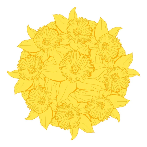 Ghirlanda di sole con fiori gialli narciso disegnato a mano per Buona Pasqua. — Vettoriale Stock