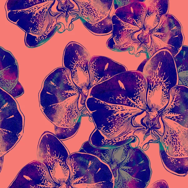 Tropiskt blommigt sömlöst mönster med orkidéer blommor dragna för hand. — Stockfoto