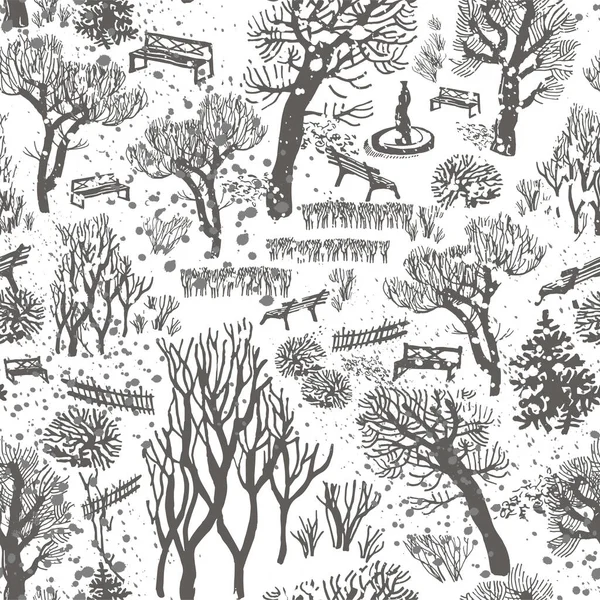 Winter snowy landscape with bare trees on white background.