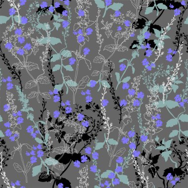 Şehvetli mavi kır çiçekleri ve çimenler gri arka planda düz bir şekilde. 