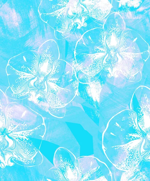 Sammanfattning psykedeliska blommor av orkidé på ljusblå strukturerad bakgrund. — Stockfoto