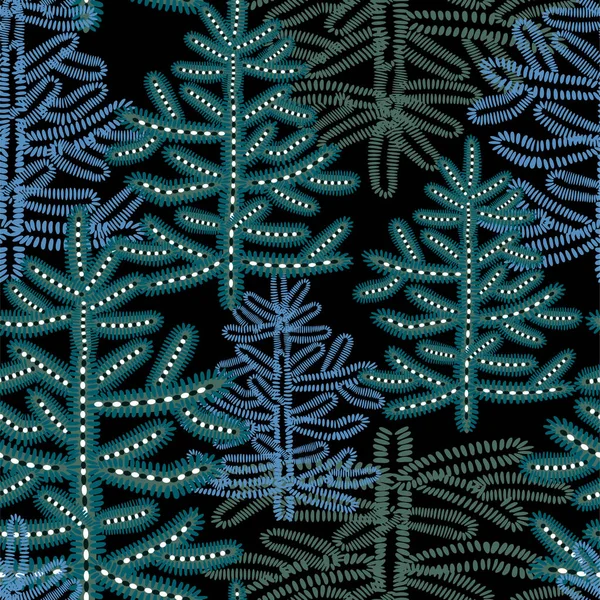 Διακοσμητικά χριστουγεννιάτικα δέντρα στο χειμερινό κωνοφόρο δάσος σε ήρεμους σκοτεινούς τόνους. — Διανυσματικό Αρχείο