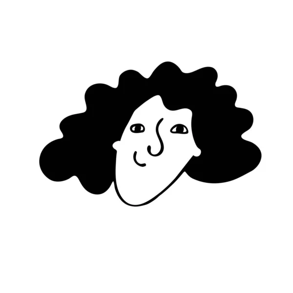 Retrato de mulher, menina com cabelo preto encaracolado curto no estilo doodle. —  Vetores de Stock