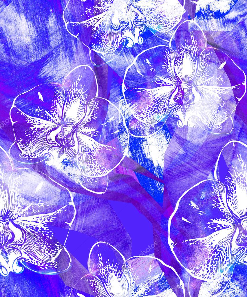 Indigo mystical flowers of orchid on light blue crystal textured background.
